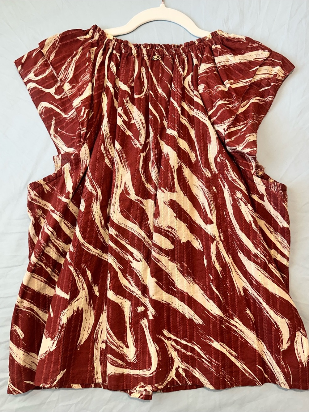 Sam Edelman Abstract Print Ruffle Top | Size XL | Rust/Cream - Picture 2 of 7